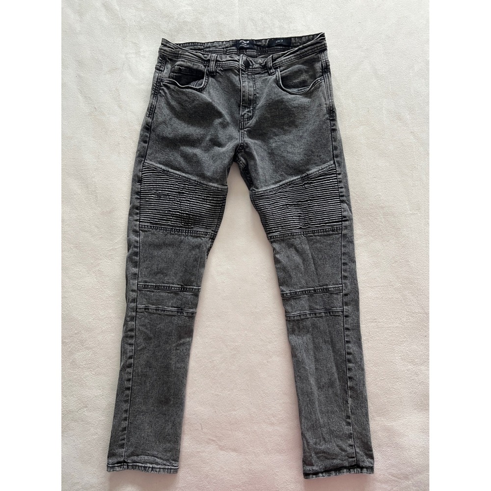 Cotton On Mens Slim Leg Moto Biker Jeans Charcoal Gray Sz 34 Ribbed Panel Denim